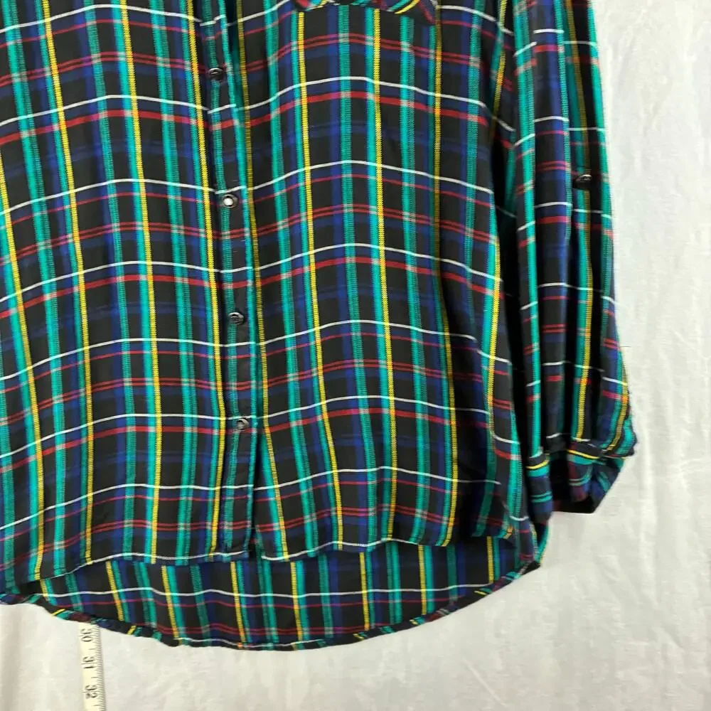 Cato Long Sleeve Button Up Blouse Womens Medium Plaid Black Dark Academia Neons